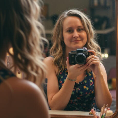 Reflection Valerie looking at reflection in mirror, camera in hand