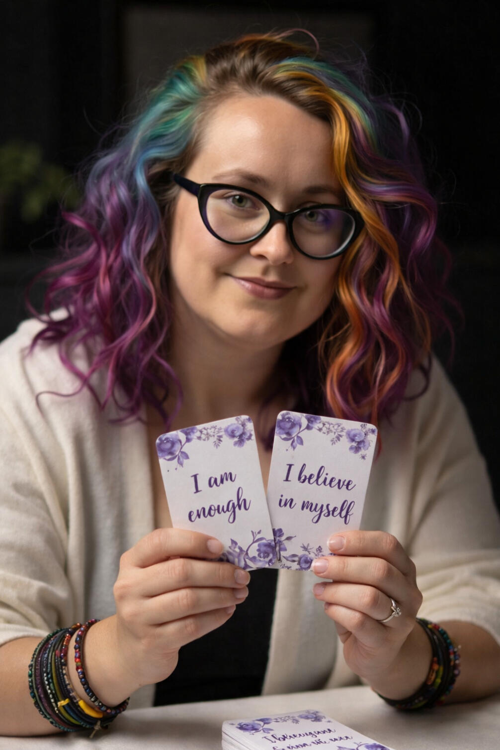 Valerie holds affirmation cards up, wearing bracelets and has rainbow streaks in her hair